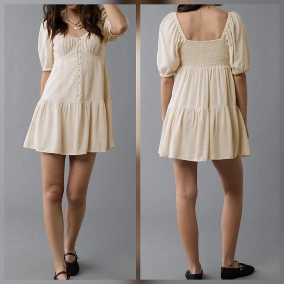 American Eagle Outfitters Dresses & Skirts - AEO Beige Linen Blend Puffy Sleeve Babydoll Milkmaid Mini Dress Sz XXL NEW